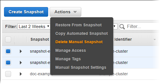 Gerenciamento de snapshots usando o console - Amazon Redshift