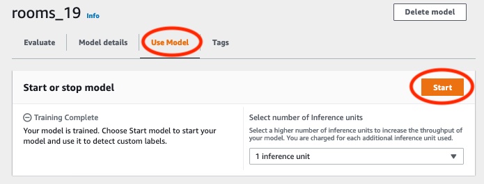 Inicie o painel de controle do modelo com o botão Iniciar e a opção de selecionar uma unidade de inferência.