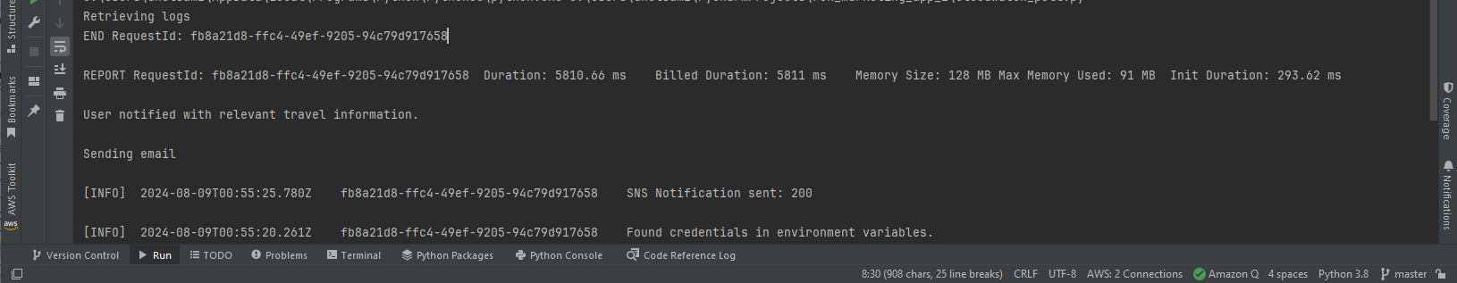Captura de tela de um IDE exibindo os resultados da execução do código mencionado antes, com informações de um log do Cloudwatch exibidas.
