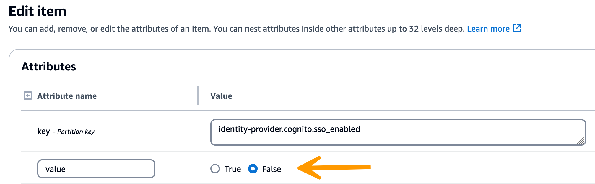 O console do DynamoDB com a tela Editar item para o valor da chave sso_enabled.
