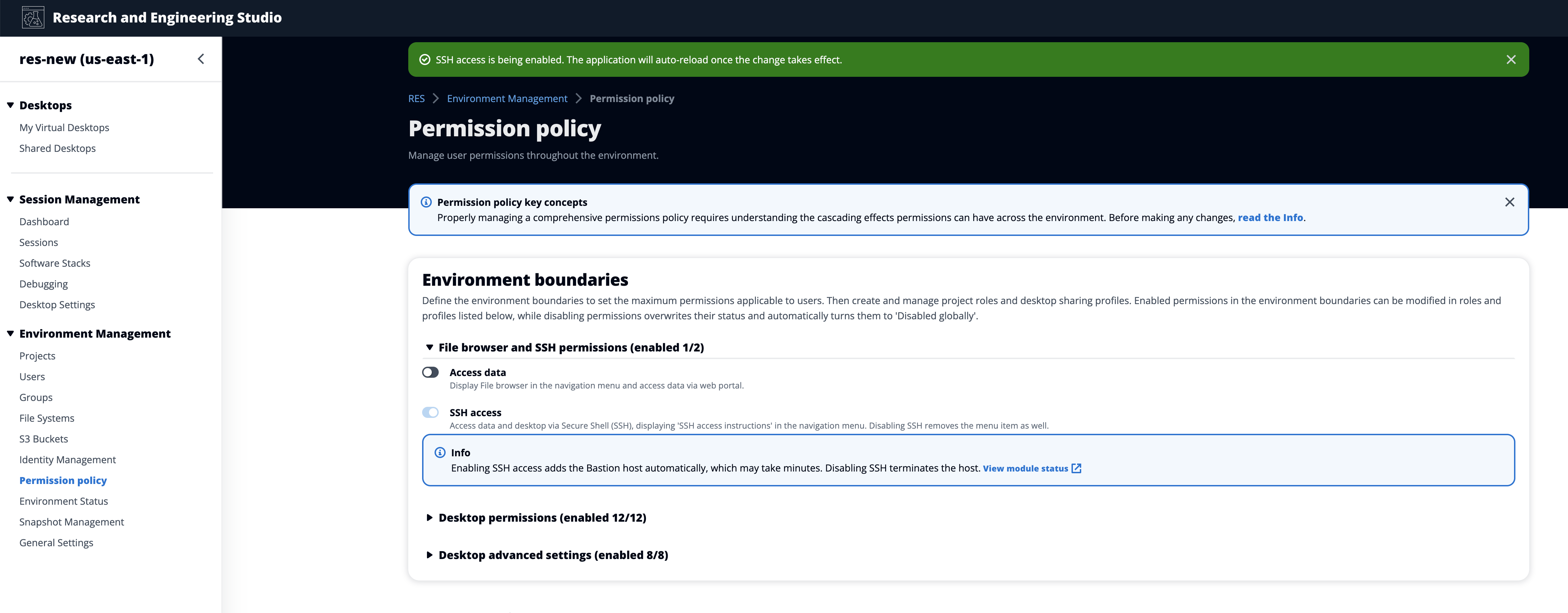 O banner consultivo aparece na página da política de permissões em Gerenciamento de ambiente no console do administrador