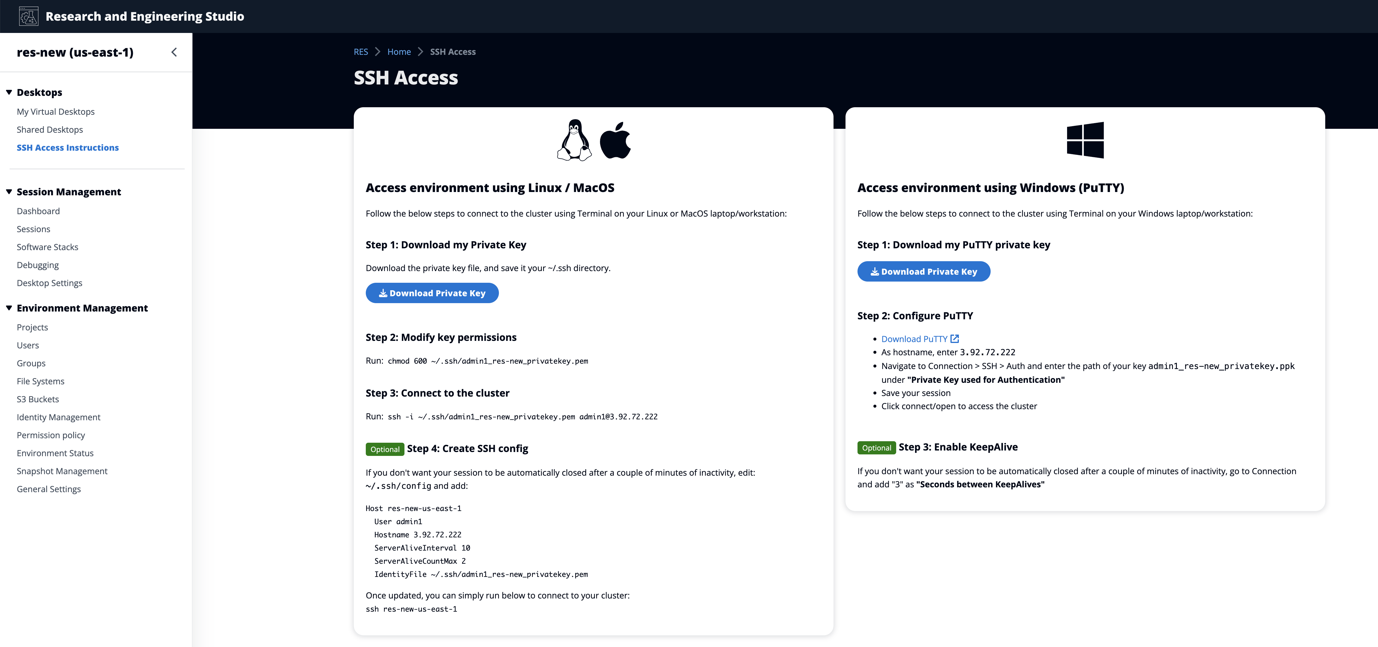 Página de instruções de acesso SSH mostrando as etapas para Linux e Windows