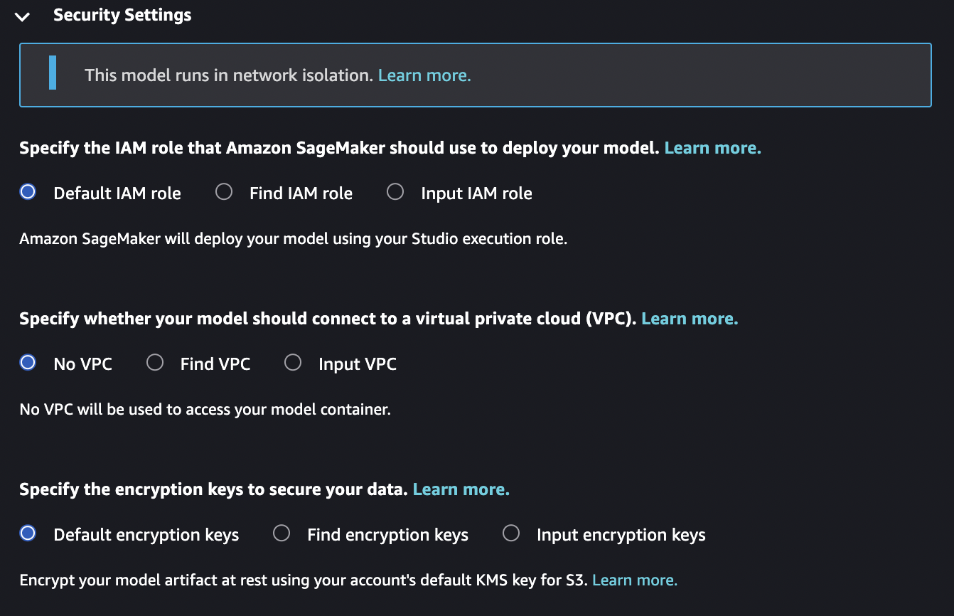 JumpStart Deploy Model pane with Security Settings open to select its settings.