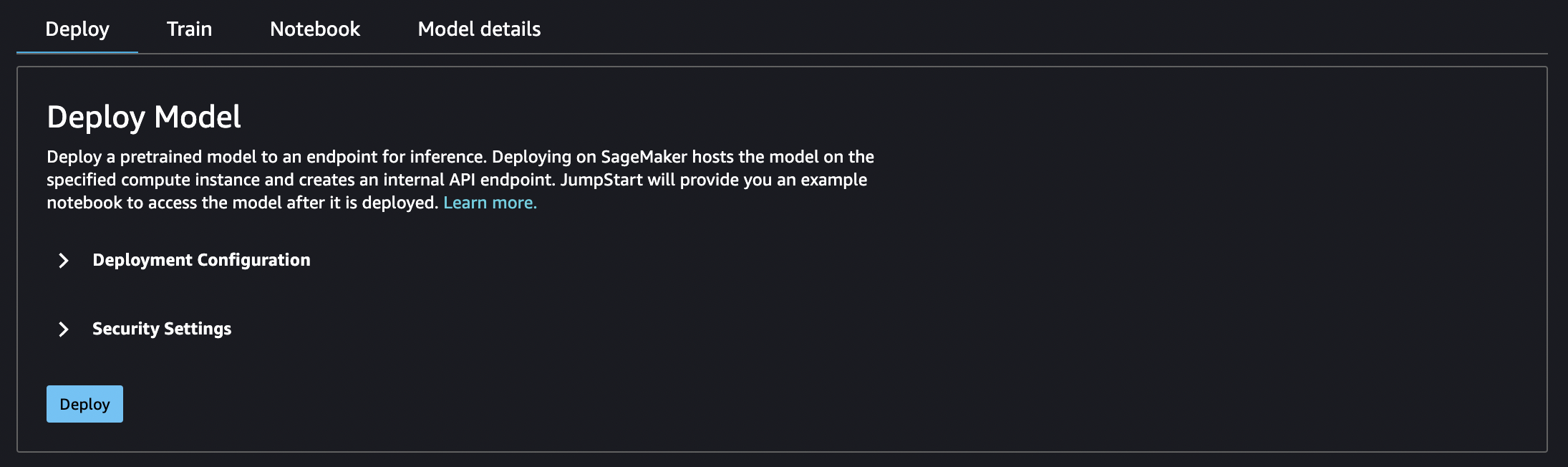 Deploy Model pane option to open settings for SageMaker JumpStart Deployment Configuration and Security Settings.