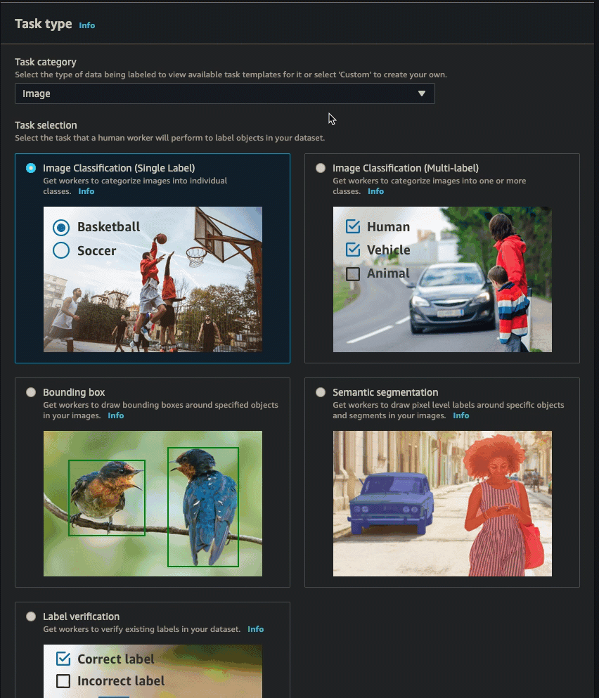 Gif mostrando como criar um trabalho de rastreamento de objetos de quadro de vídeo no console de SageMaker IA.