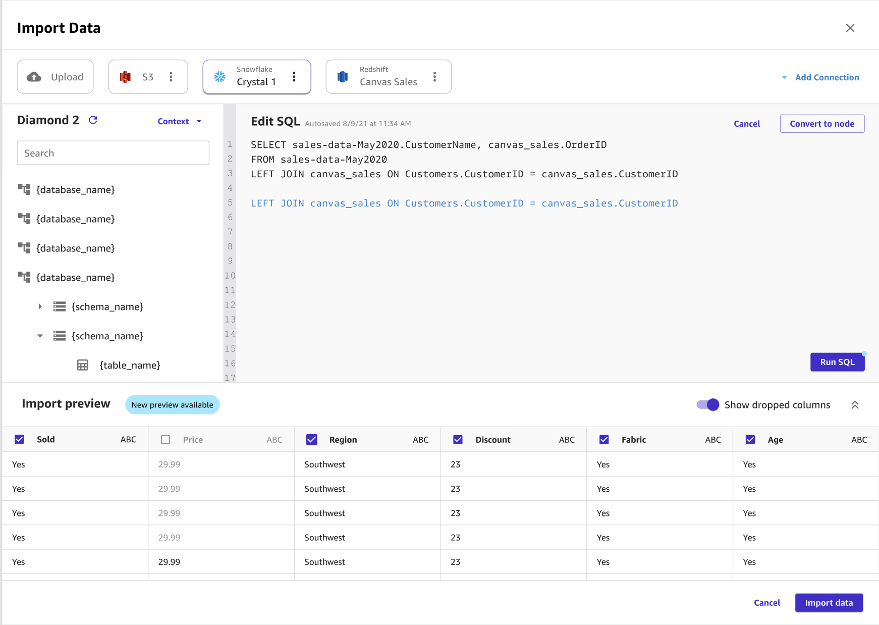 Captura de tela de uma consulta SQL no editor Editar SQL na página Importar no Canvas.
