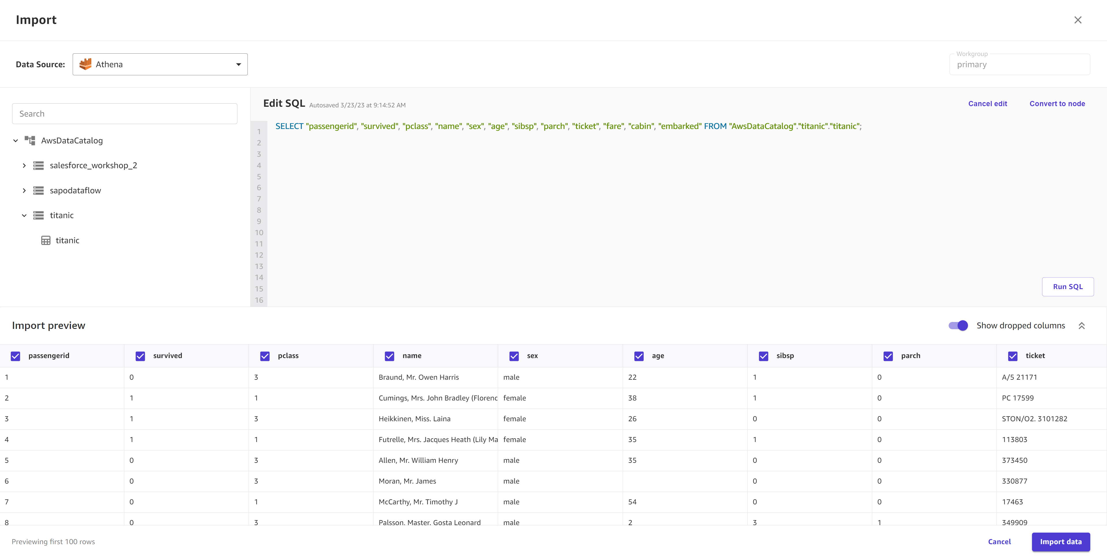 Captura de tela mostrando uma consulta SQL na visualização Editar SQL para dados do Amazon Athena.