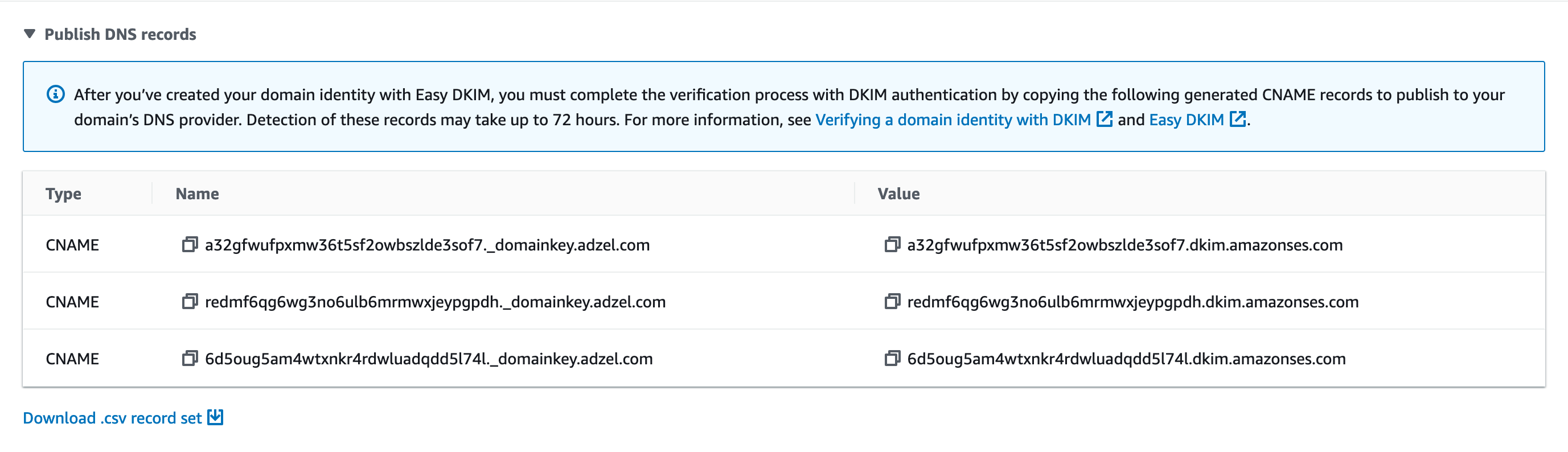 
                                        A seção DKIM de uma página de detalhes de uma identidade. Três registros CNAME fictícios são mostrados.
                                    