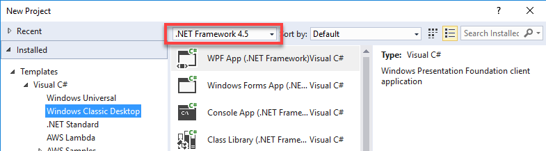 
                                            O menu de seleção do .NET Framework na janela New Project.
                                        