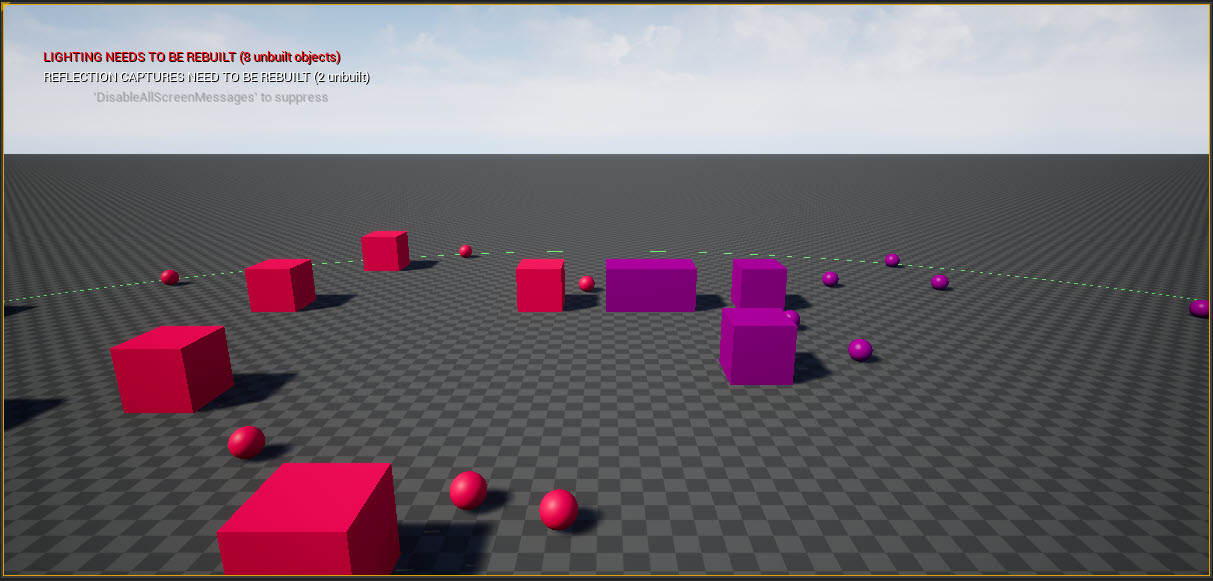 
            A visualização exibida no editor do Unreal mostra cubos e esferas em movimento em um plano.
          