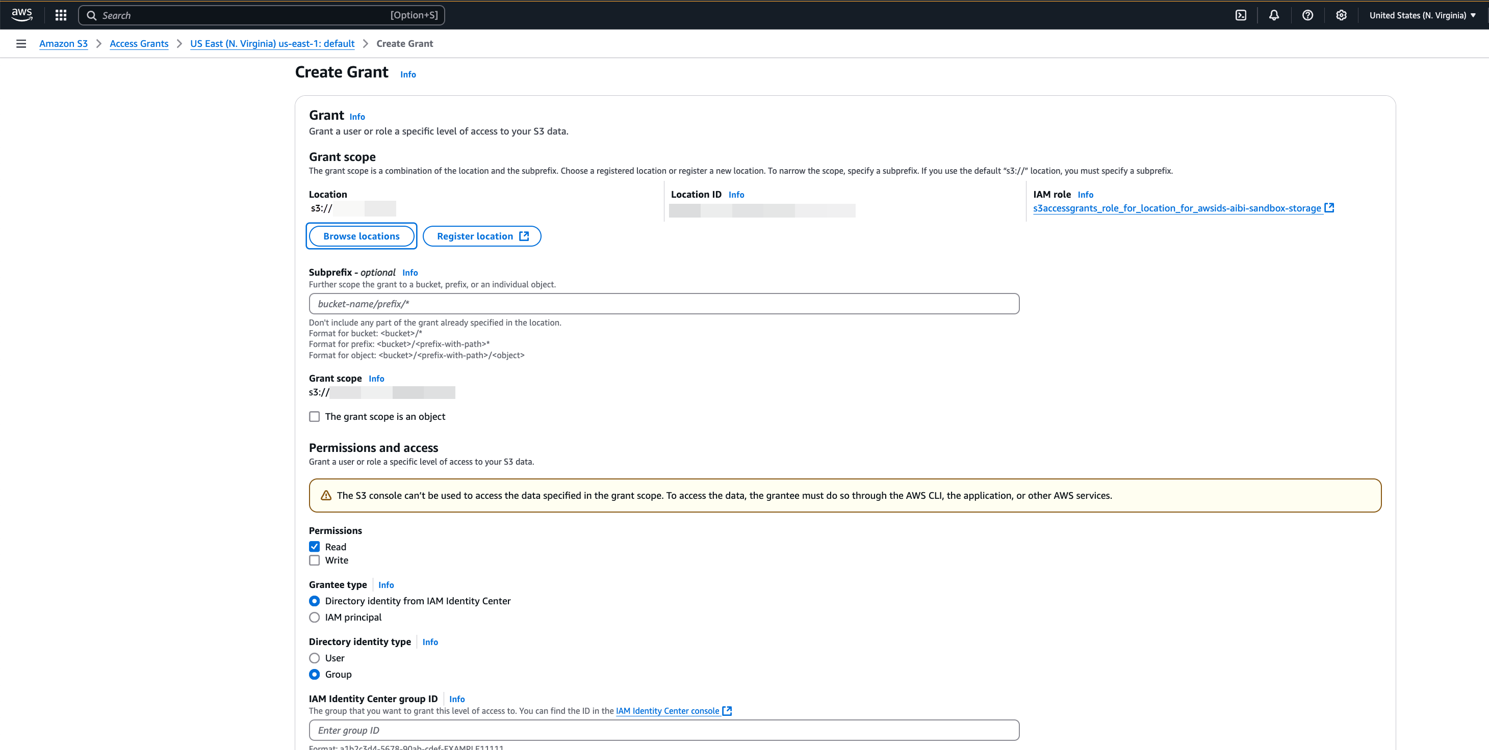 Crie uma página de concessão no console Amazon S3 Access Grants.