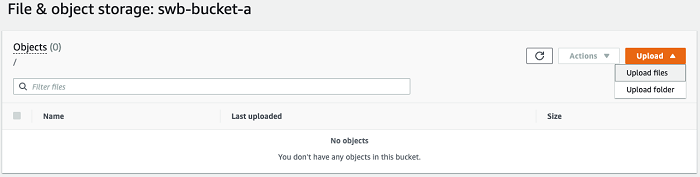 Bucket do Amazon S3 com arquivos de upload escolhidos no menu Upload