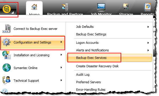 Menu do Backup Exec com configurações, ajustes e serviços de backup exec destacados.
