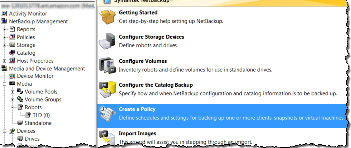 NetBackup tela do menu principal com a opção Criar uma política selecionada.