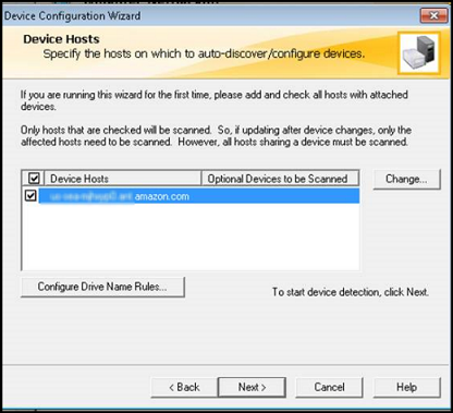 NetBackup assistente de configuração do dispositivo com o computador selecionado na coluna de hosts do dispositivo.