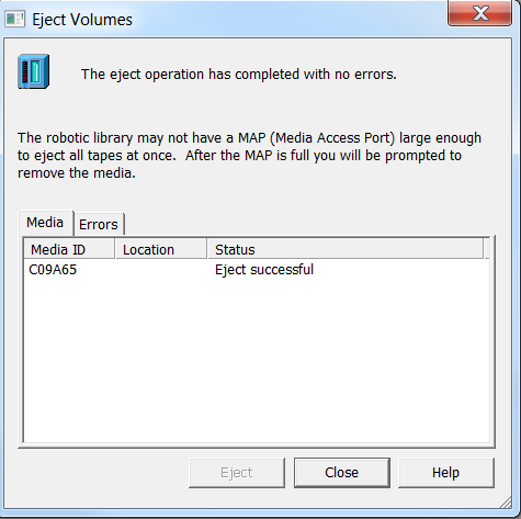 NetBackup Caixa de diálogo de ejeção de volumes mostrando a confirmação de ejeção bem-sucedida.