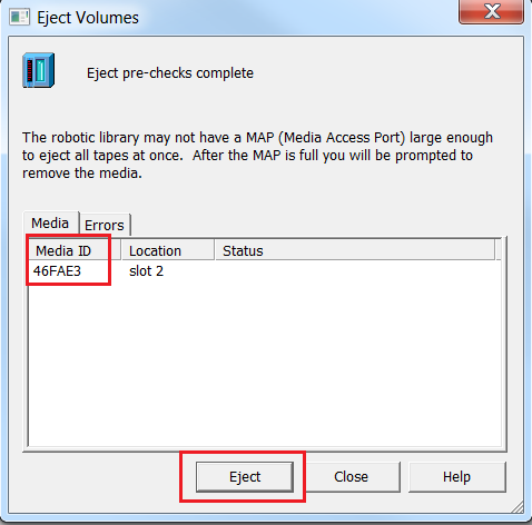 NetBackup caixa de diálogo de ejeção de volumes mostrando a ID da mídia da fita selecionada.