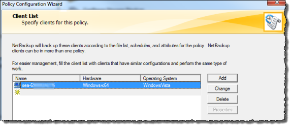 NetBackup assistente de configuração de políticas mostrando uma lista de clientes.