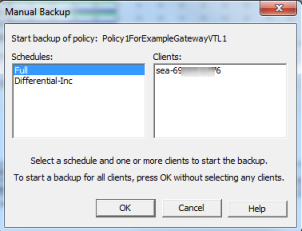NetBackup caixa de diálogo de backup manual com agendamentos e clientes listados.