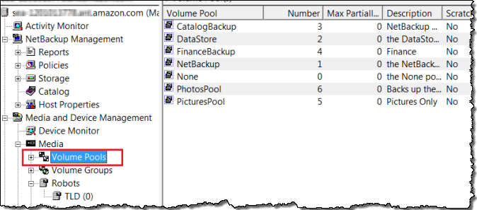 NetBackup tela principal com pools de volume selecionados e mostrando uma lista de pools de volume.