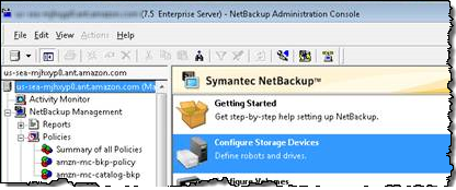 NetBackup tela do menu do console de administração com a configuração de dispositivos de armazenamento destacada.