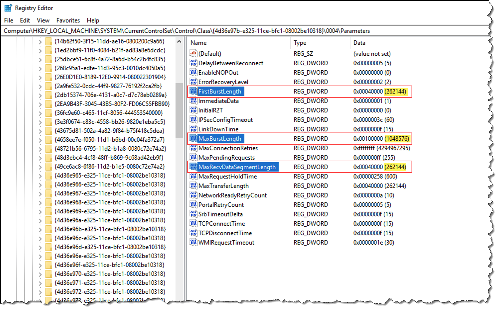
                        O editor de registro do Windows com valores dword de comprimento de pacote iSCSI destacados.
                    
