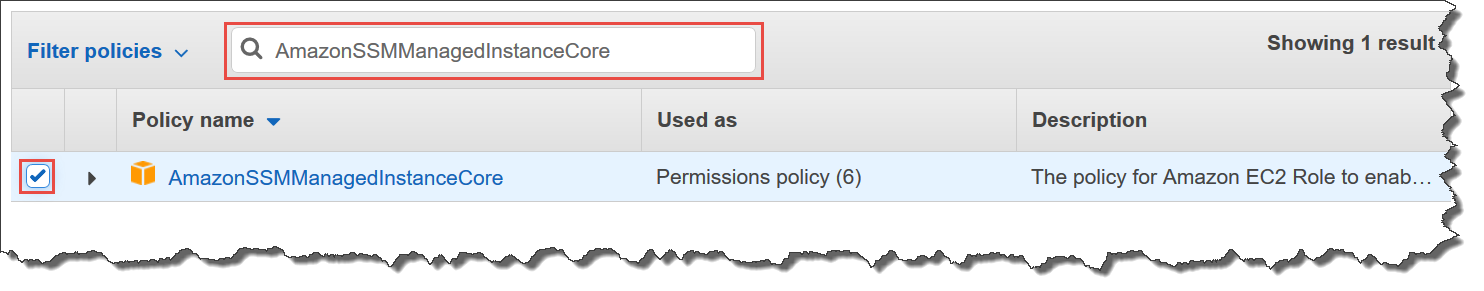 Política para serviços do EC2 selecionada no console do IAM.