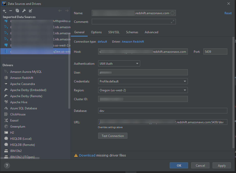 Configurações de conexão para um cluster do Amazon Redshift com credenciais do IAM usadas para autenticação.