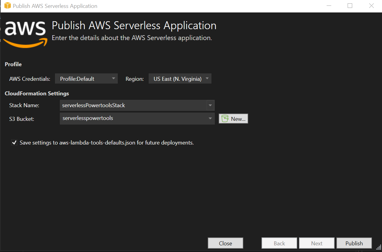 Imagem da caixa de diálogo Publish AWS Serverless Application.