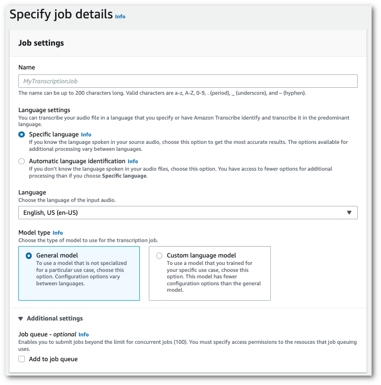 Amazon Transcribe captura de tela do console: a página “especificar detalhes do trabalho”.