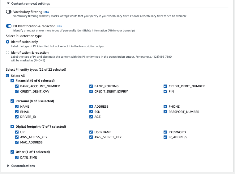 Amazon Transcribe captura de tela do console: lista de tipos de PII que podem ser selecionados.