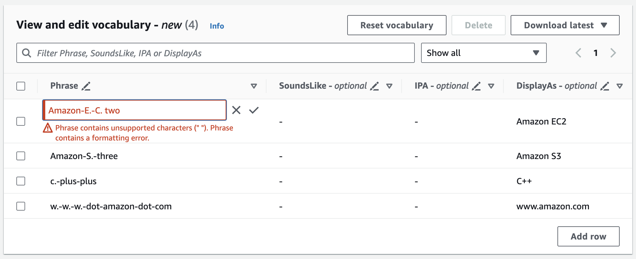 Amazon Transcribe captura de tela do console: o painel 'criar e editar vocabulário'.