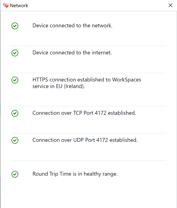 Imagem mostrando a janela de verificação da rede do navegador do WorkSpaces cliente