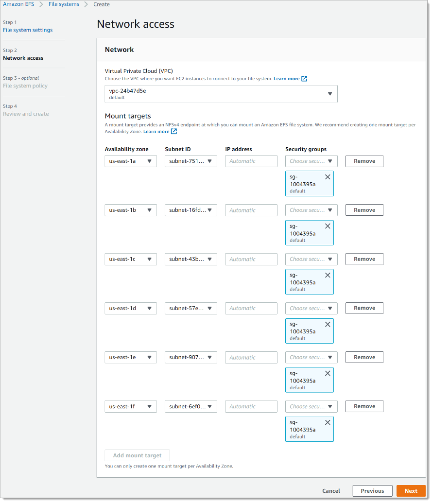 Network access configuration for Amazon EFS, showing VPC selection and mount target settings.
