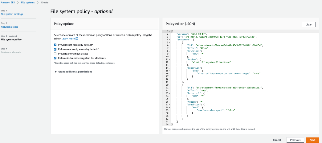 File system policy configuration interface with policy options and JSON editor.