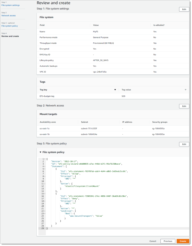 Review and create page showing file system settings, network access, and policy details.