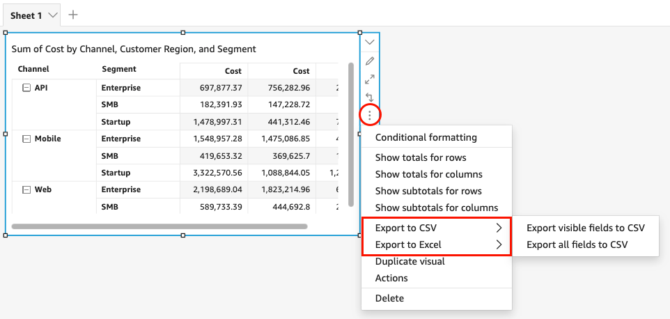 
                        Export data options in tables and pivot tables
                    