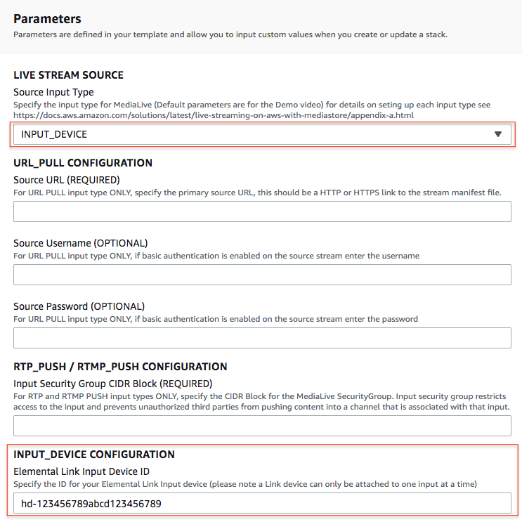 AWS Elemental Link input configuration