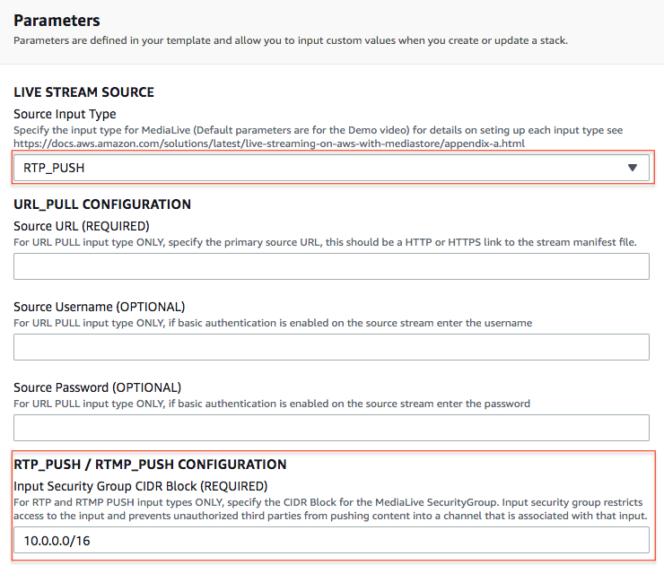 RTMP Push and RTP Push input configuration