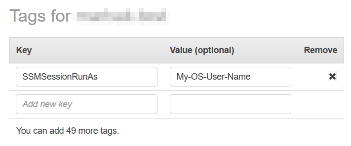 
                                        Screenshot of specifying tags for Session Manager Run As
                                            permission. Key =
                                            SSMSessionRunAs,Value=My-OS-User-Name
                                    