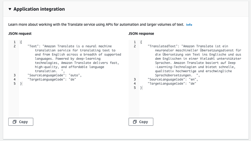 JSON code samples for translating text.