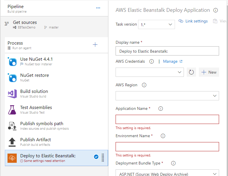 AWS Elastic Beanstalk Deployment Task in Position