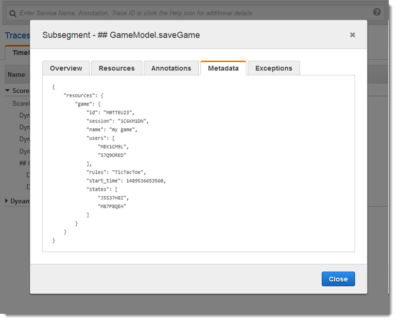 Annotations and metadata are viewable in the segment or subsegment details in the X-Ray
console