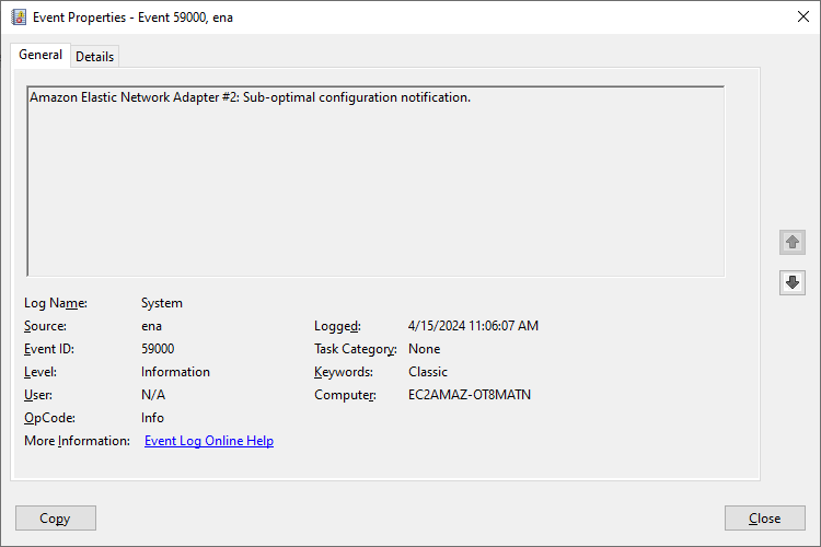 示例：Windows 事件查看器预览窗格中显示的系统事件 ID 59000。