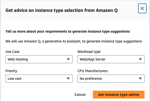 
                  Amazon Q EC2 实例类型选择器。
                