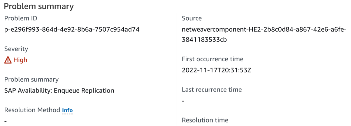 CloudWatch Application Insights 的问题摘要列出了 SAP Availability: Enqueue Replication(SAP 可用性:入队复制)错误。