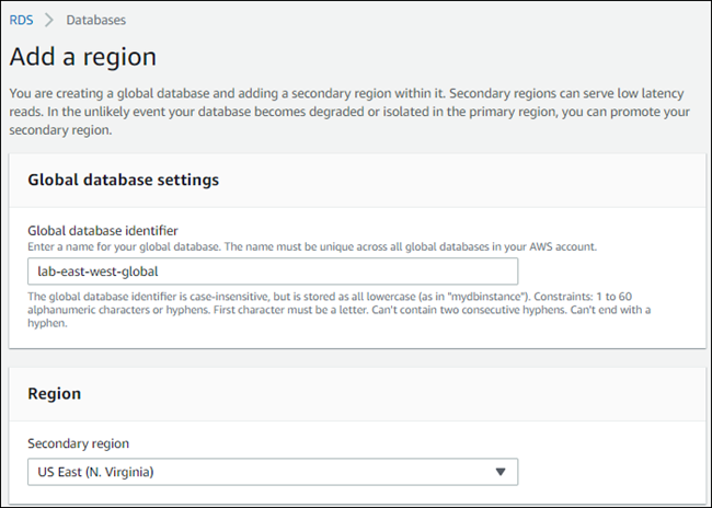 Aurora 全球数据库的“添加区域”页面。