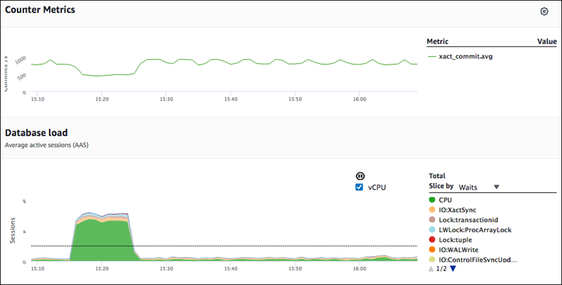 
			“Counter Metrics (计数器指标)”和“Database Load (数据库负载)”图表
		