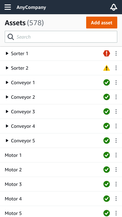 Asset list showing various items with status indicators, including alarms on Sorter 1 and 2.