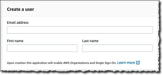 User creation form with fields for email address, first name, and last name.